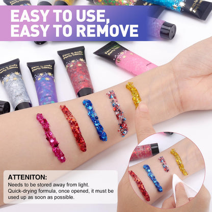 Quick drying AROIC face paint sparkle gel set displaying fourteen individual color variations