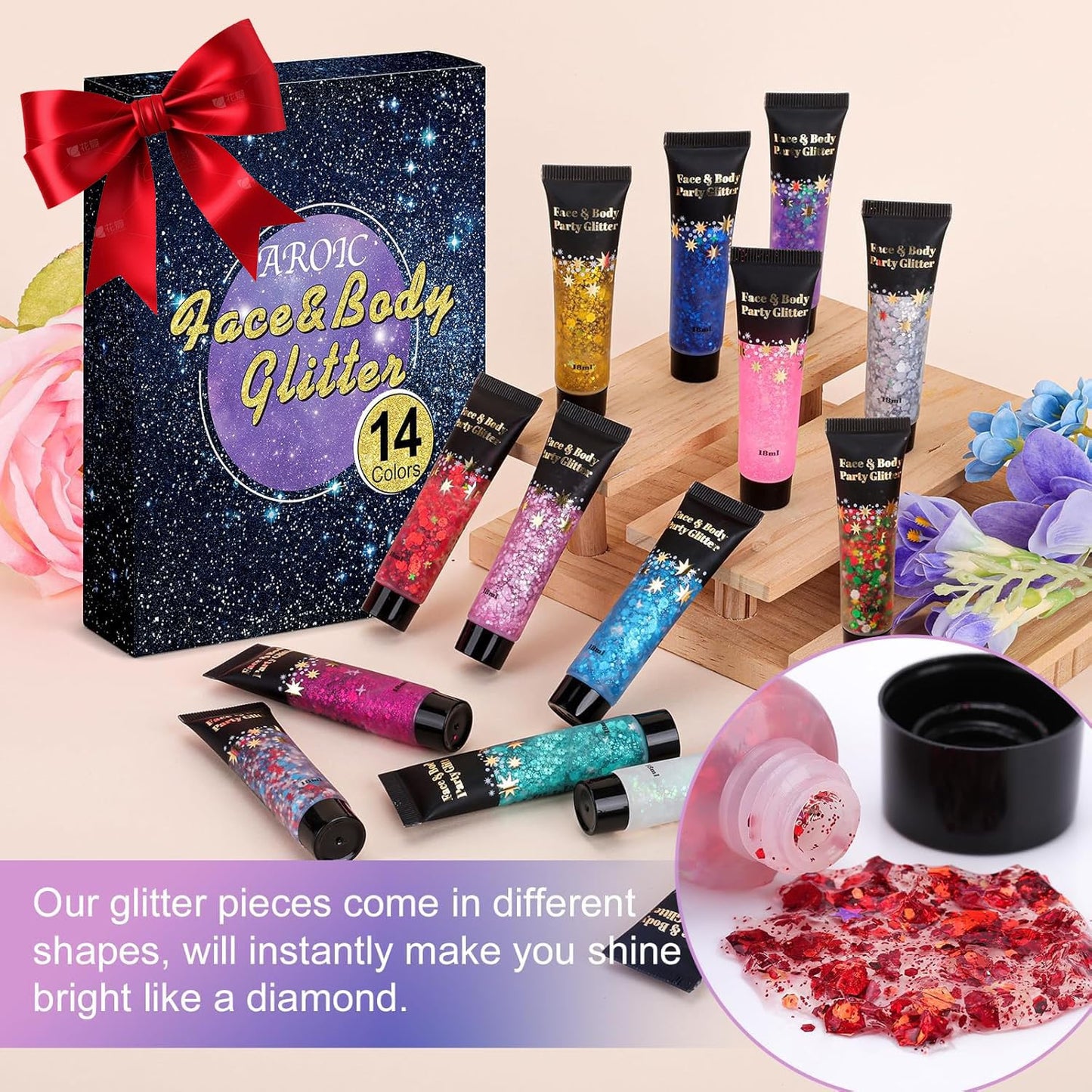 USA imported AROIC holographic body glitter gel kit showing portable squeeze tubes for easy application