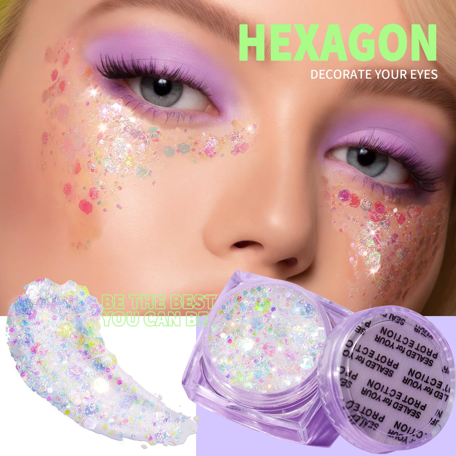 Close up of the six unique glitter shapes including stars and butterflies mixed in the clear gel base.