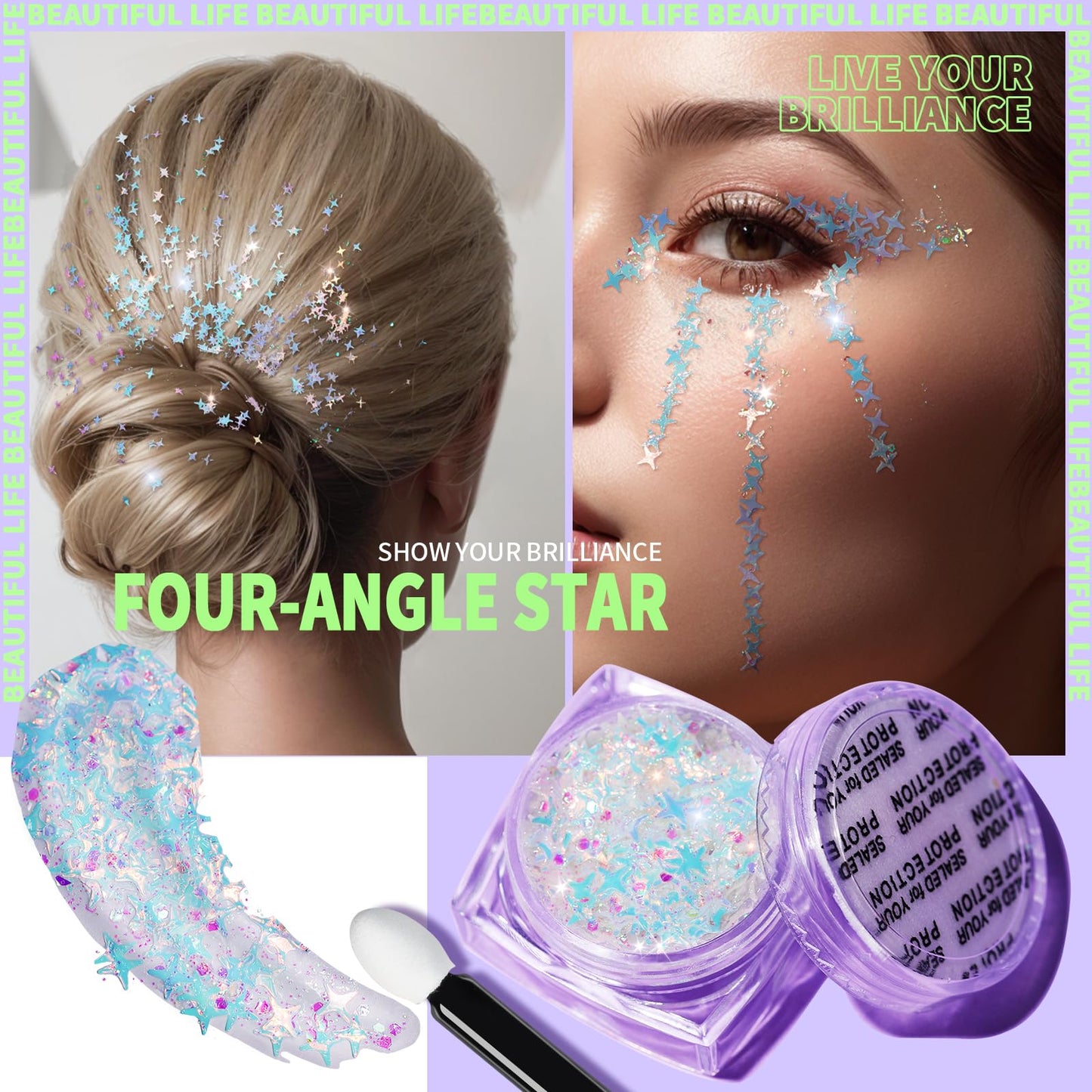 Demonstration of the smudge-proof white chunky glitter gel applied beautifully on a woman's cheekbone.
