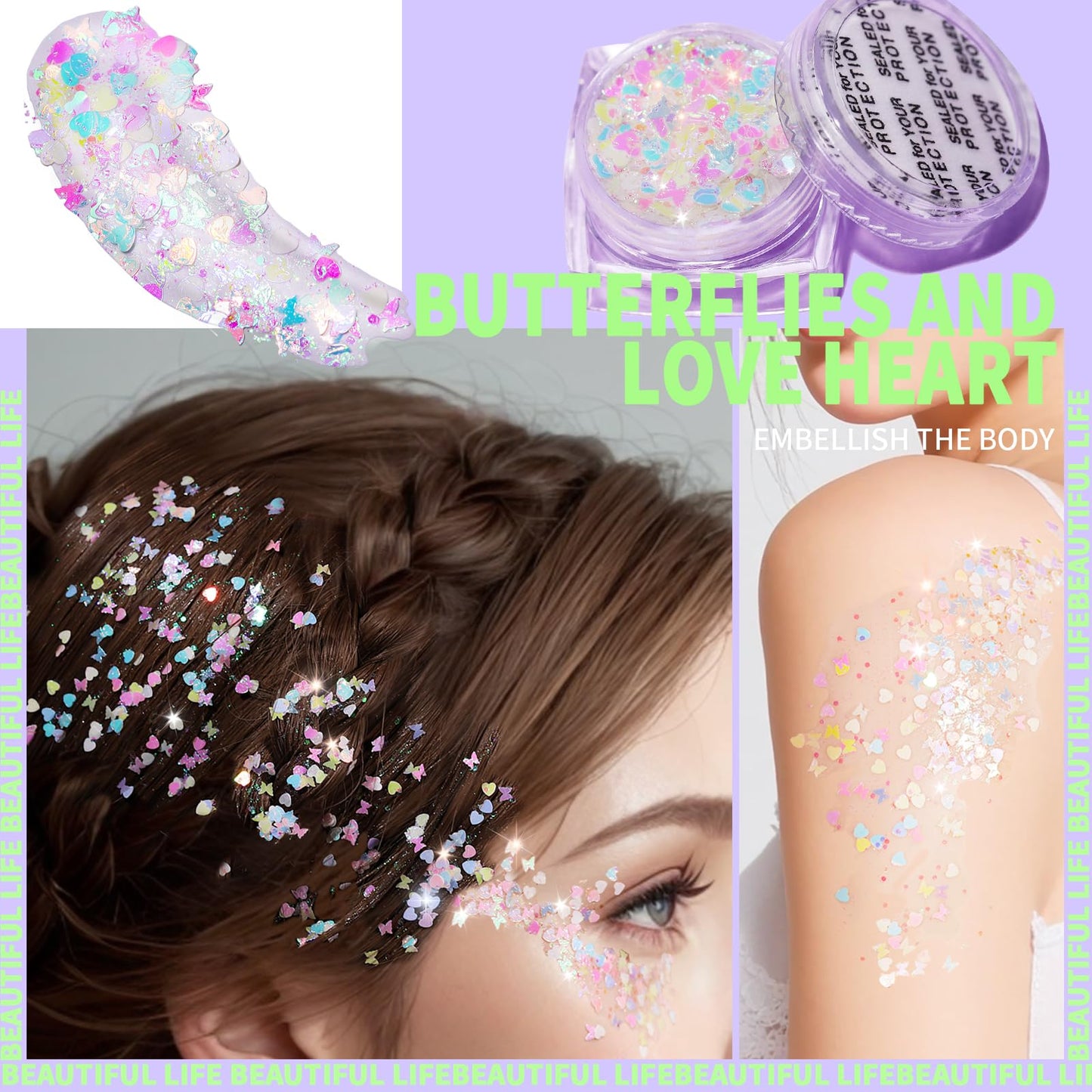 Swatches of the holographic clear white mermaid sequins makeup showing the fast-drying texture.