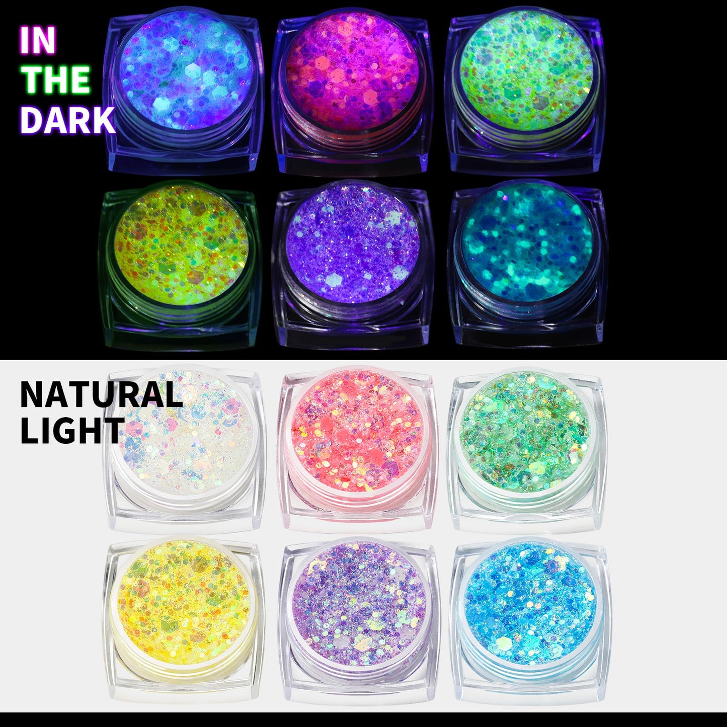 Teenitor luminous face and body glitter gel swatches glowing under UV black light