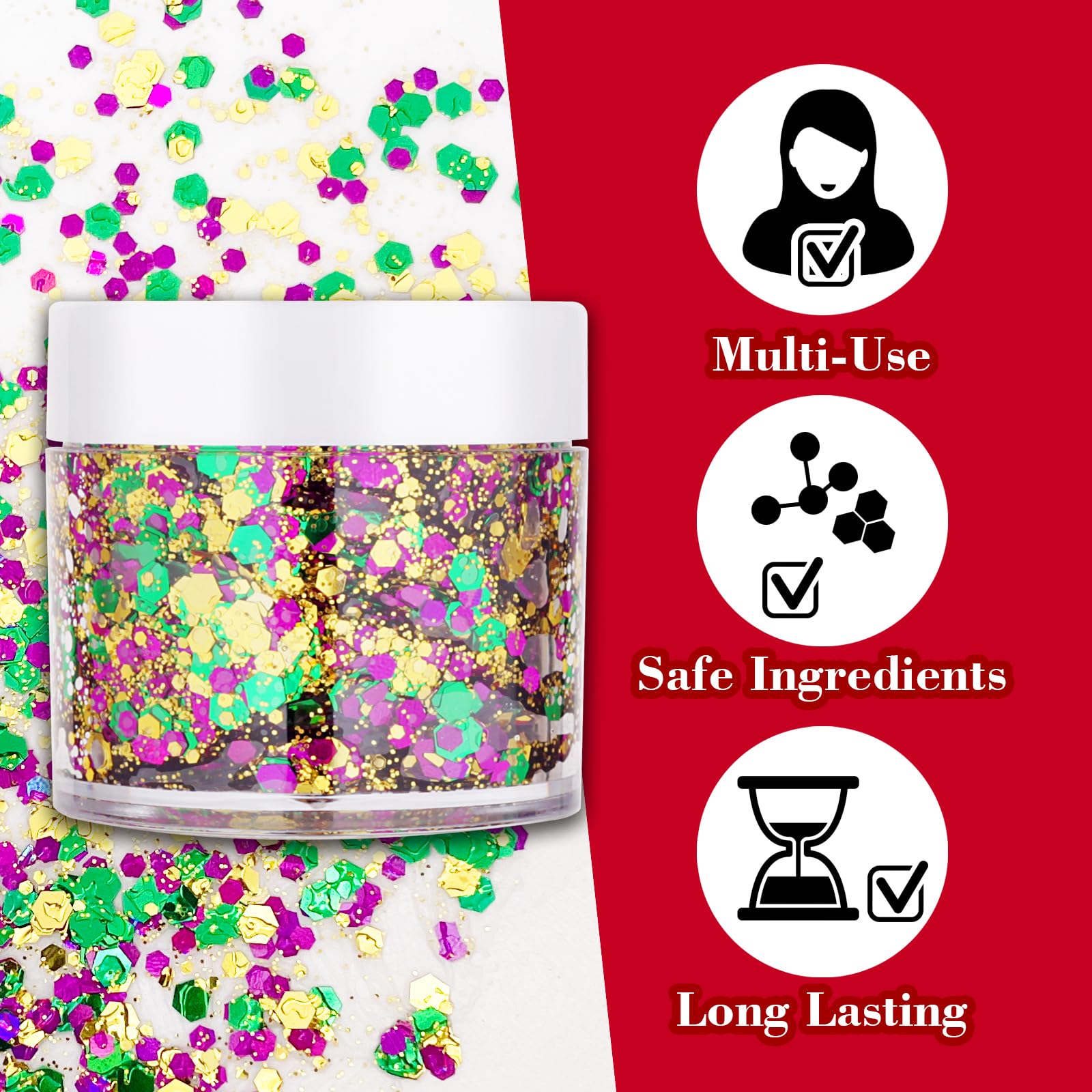 Close up view of the self adhesive holographic chunky glitter sequins applied on a model cheekbones.
