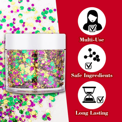 Close up view of the self adhesive holographic chunky glitter sequins applied on a model cheekbones.