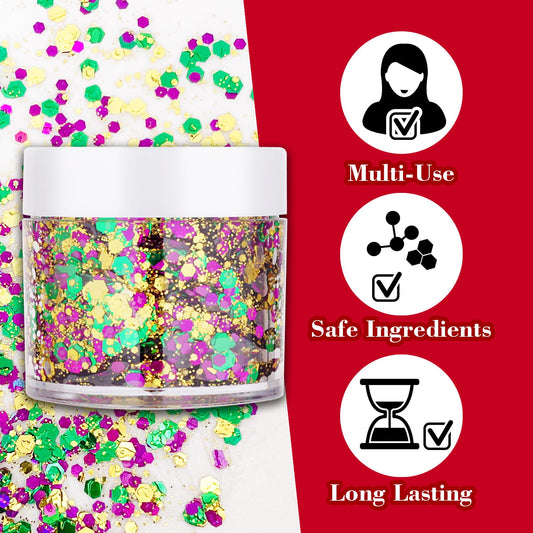 Close up view of the self adhesive holographic chunky glitter sequins applied on a model cheekbones.