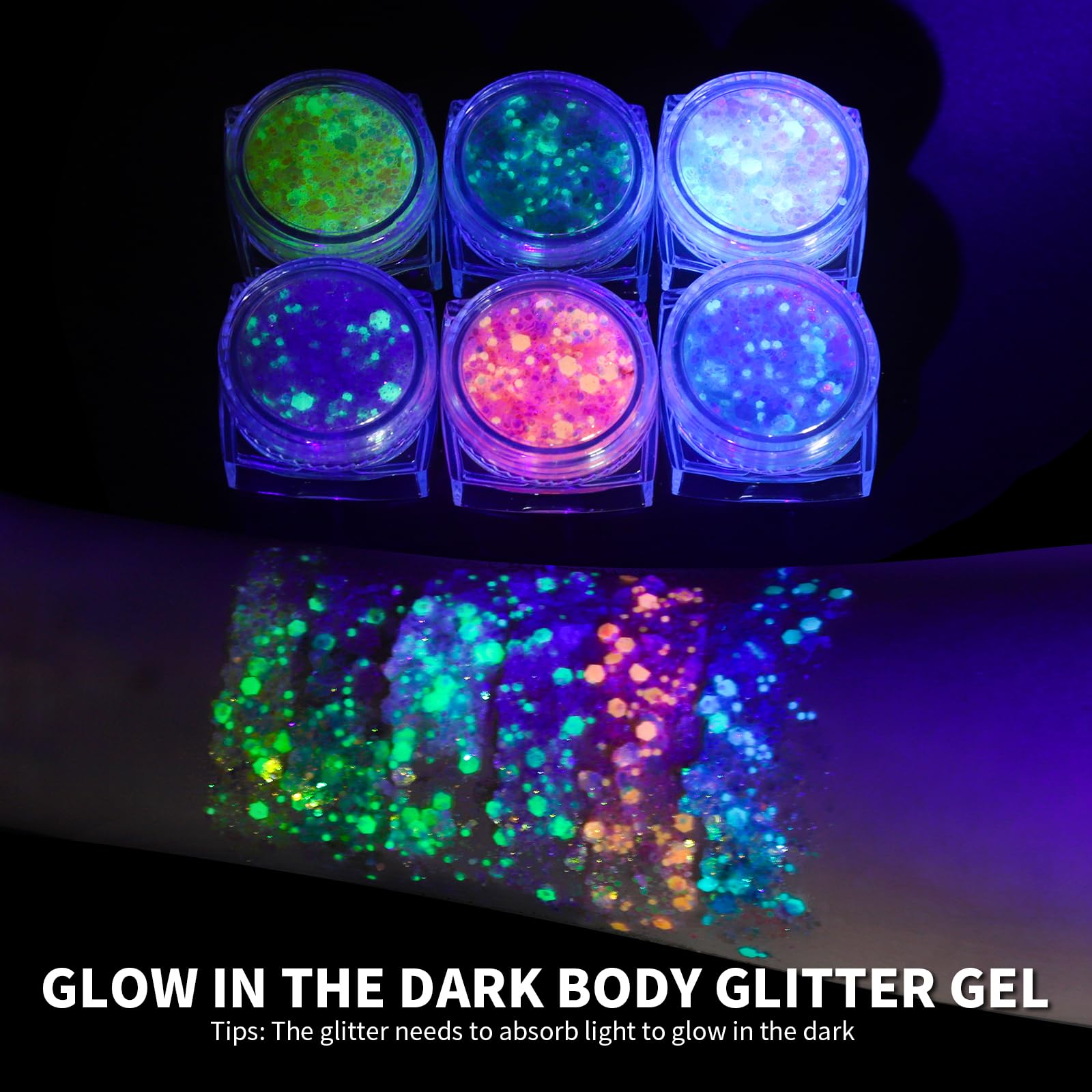 Teenitor neon purple and green rave makeup glitter jars close up view
