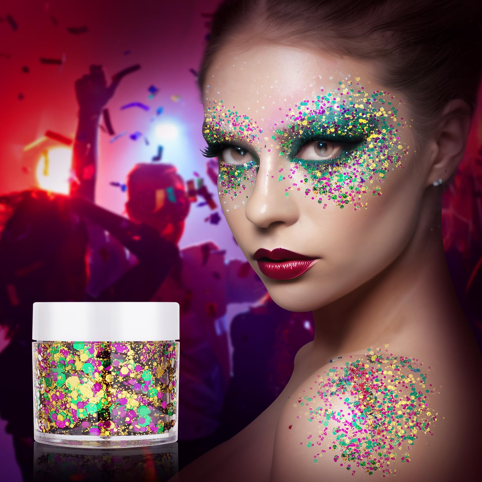 Swatches of the self adhesive carnival costume body glitter on different skin tones.