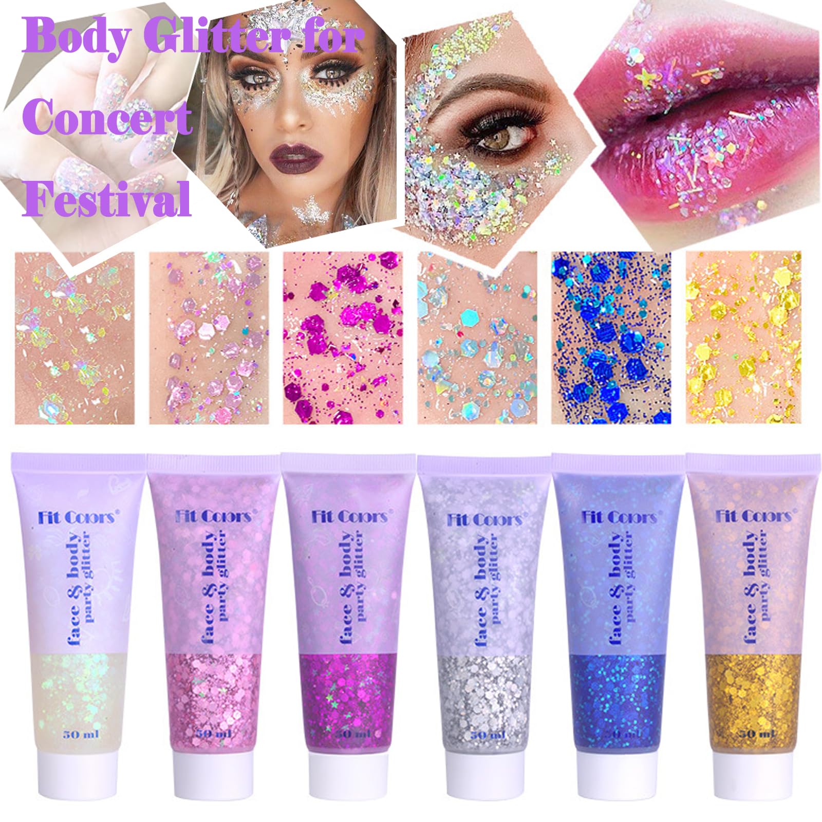 Model wearing iridescent festival glitter makeup showing color shifting shimmer properties
