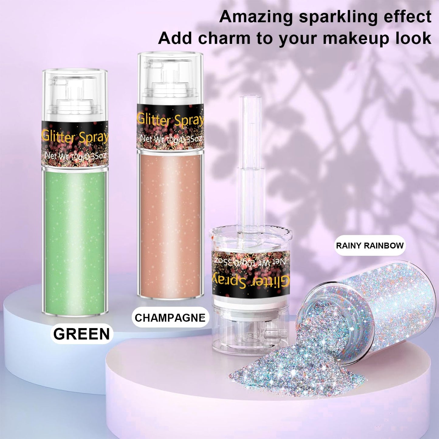 Holographic loose glitter spray packaging details showcasing the ten grams dry formula