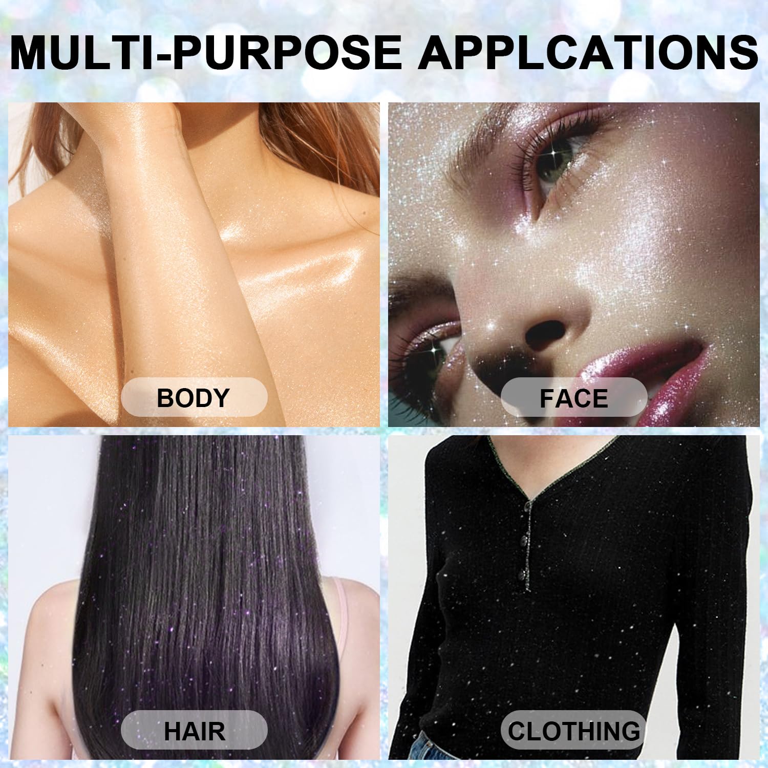 Festival rave cosmetic application using the dry glitter shimmer spray on clothing