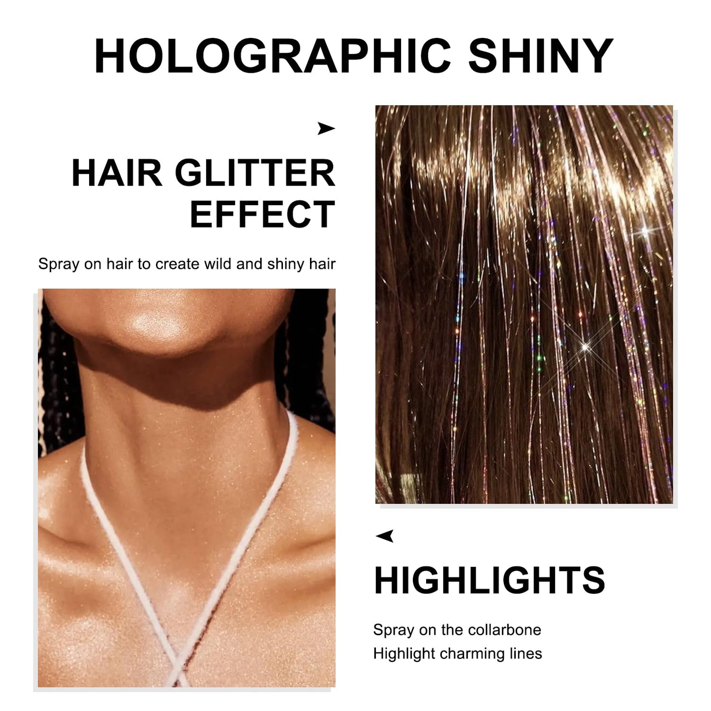 Model demonstrating the shimmering light reflection of glint rainbow sparkle on skin