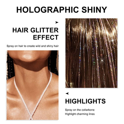 Model demonstrating the shimmering light reflection of glint rainbow sparkle on skin