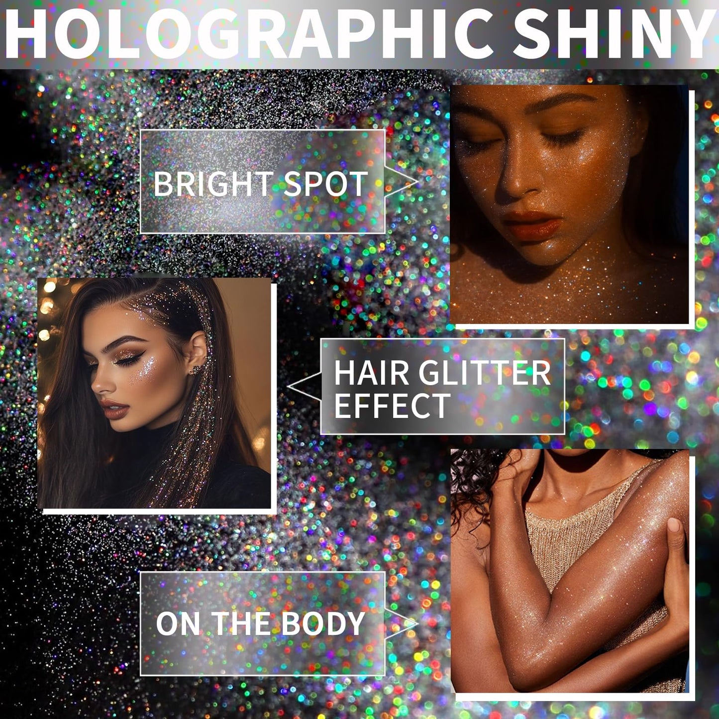 Holographic silver sparkle spray applied to dark hair for festival makeup styling
