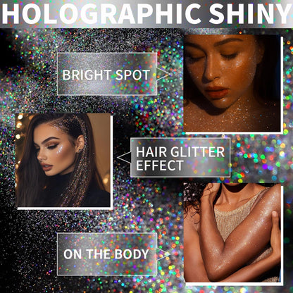 Holographic silver sparkle spray applied to dark hair for festival makeup styling