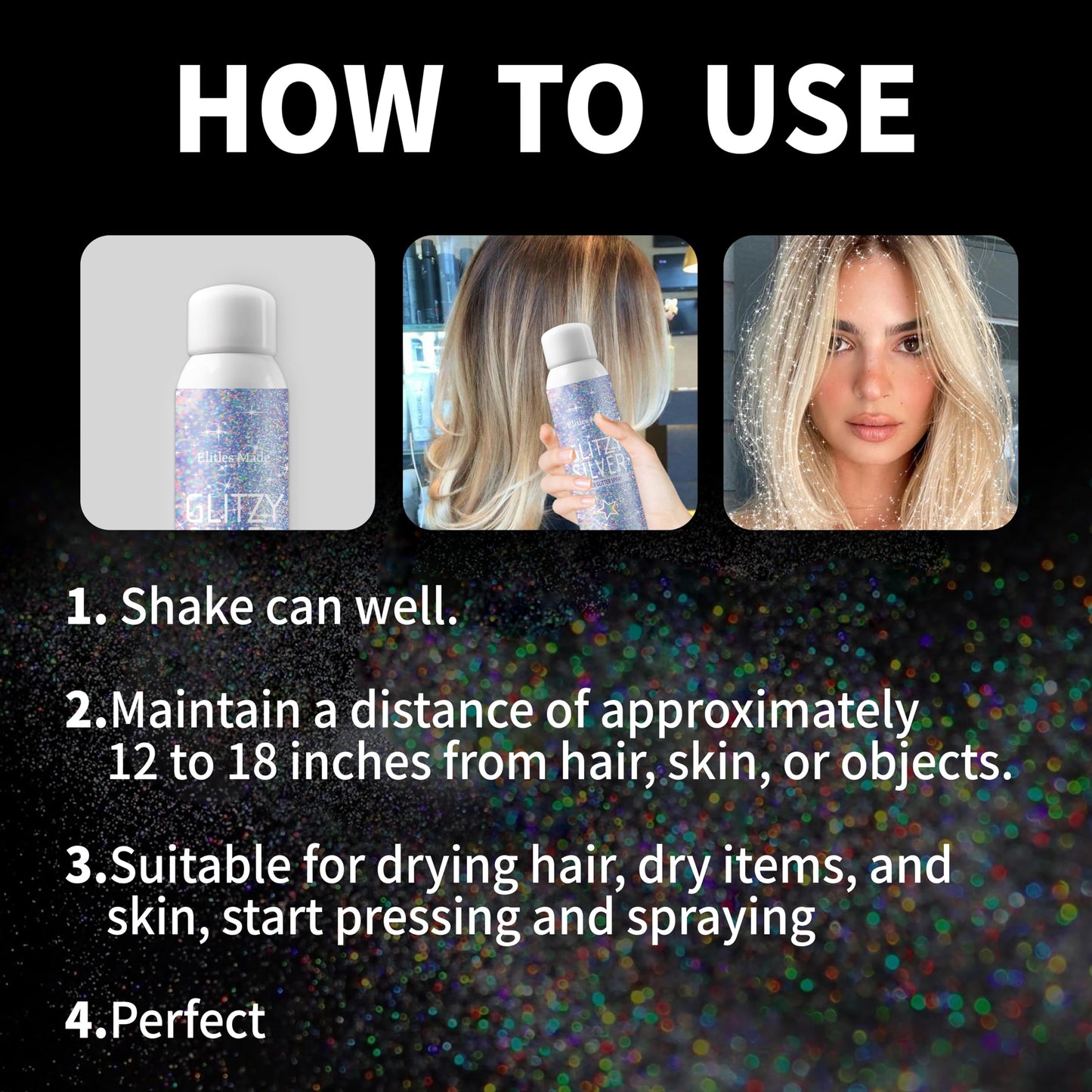 Elitles Made 150ml body glitter spray packaging showcasing product specifications