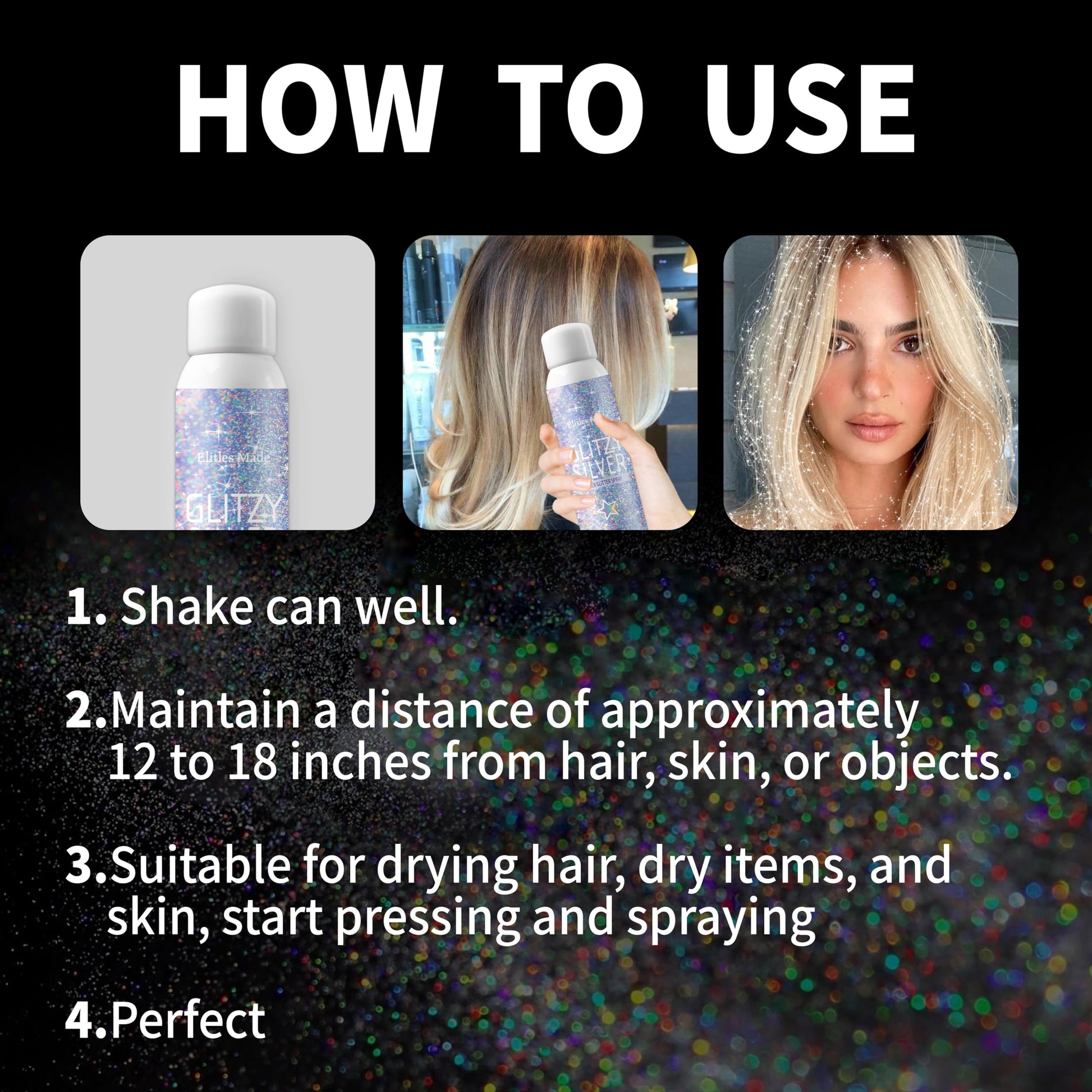 Elitles Made 150ml body glitter spray packaging showcasing product specifications