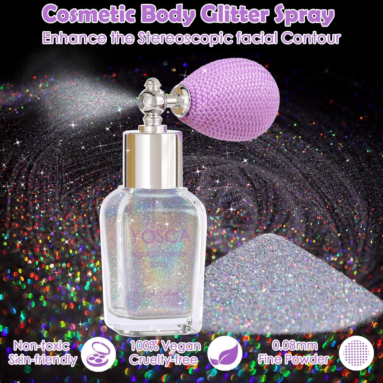 Yosca holographic laser shimmer powder packaging showing full sparkle kit contents
