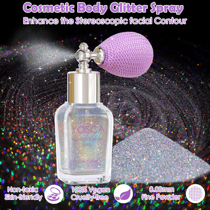 Yosca holographic laser shimmer powder packaging showing full sparkle kit contents