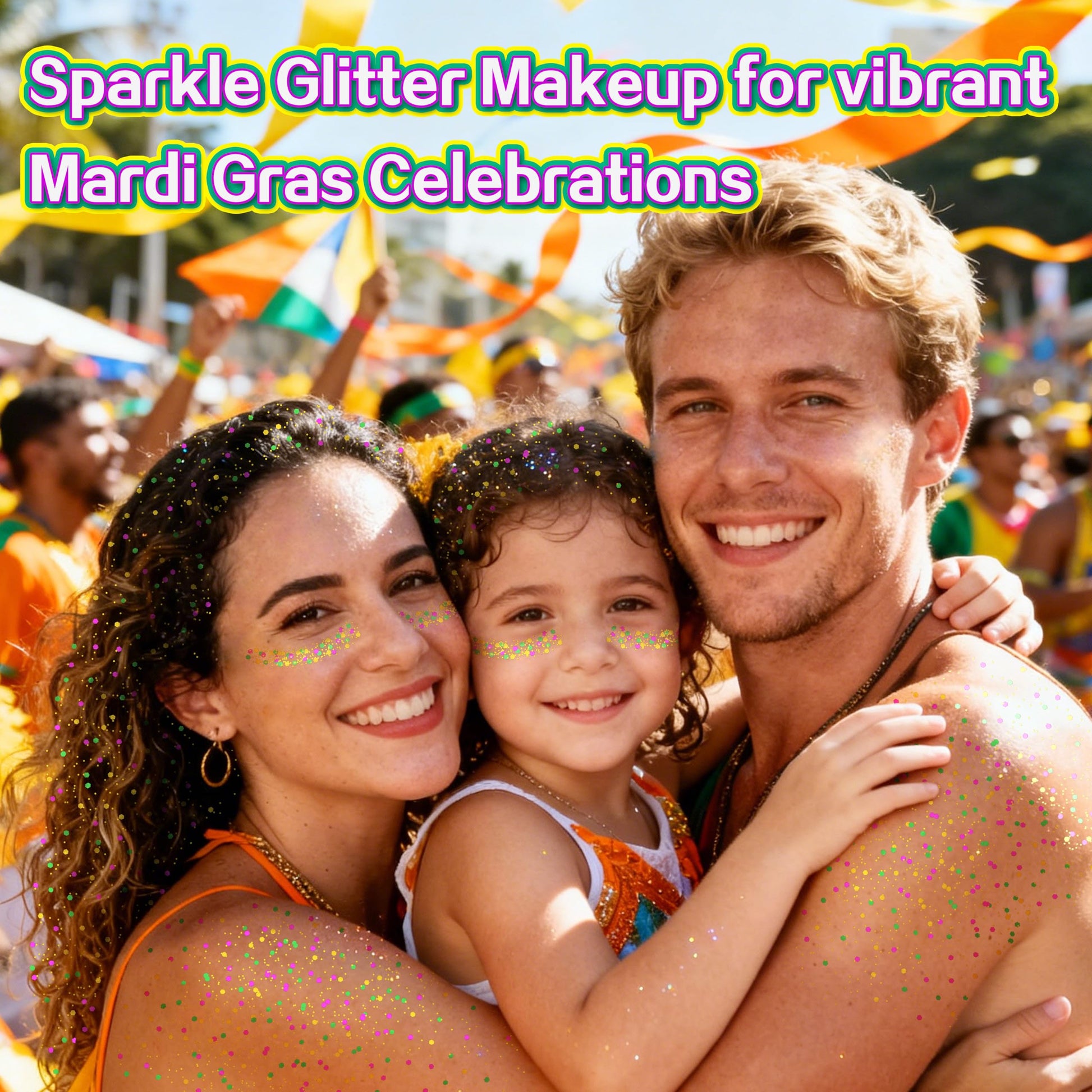Gold purple and green chunky hair glitter stick application on skin.