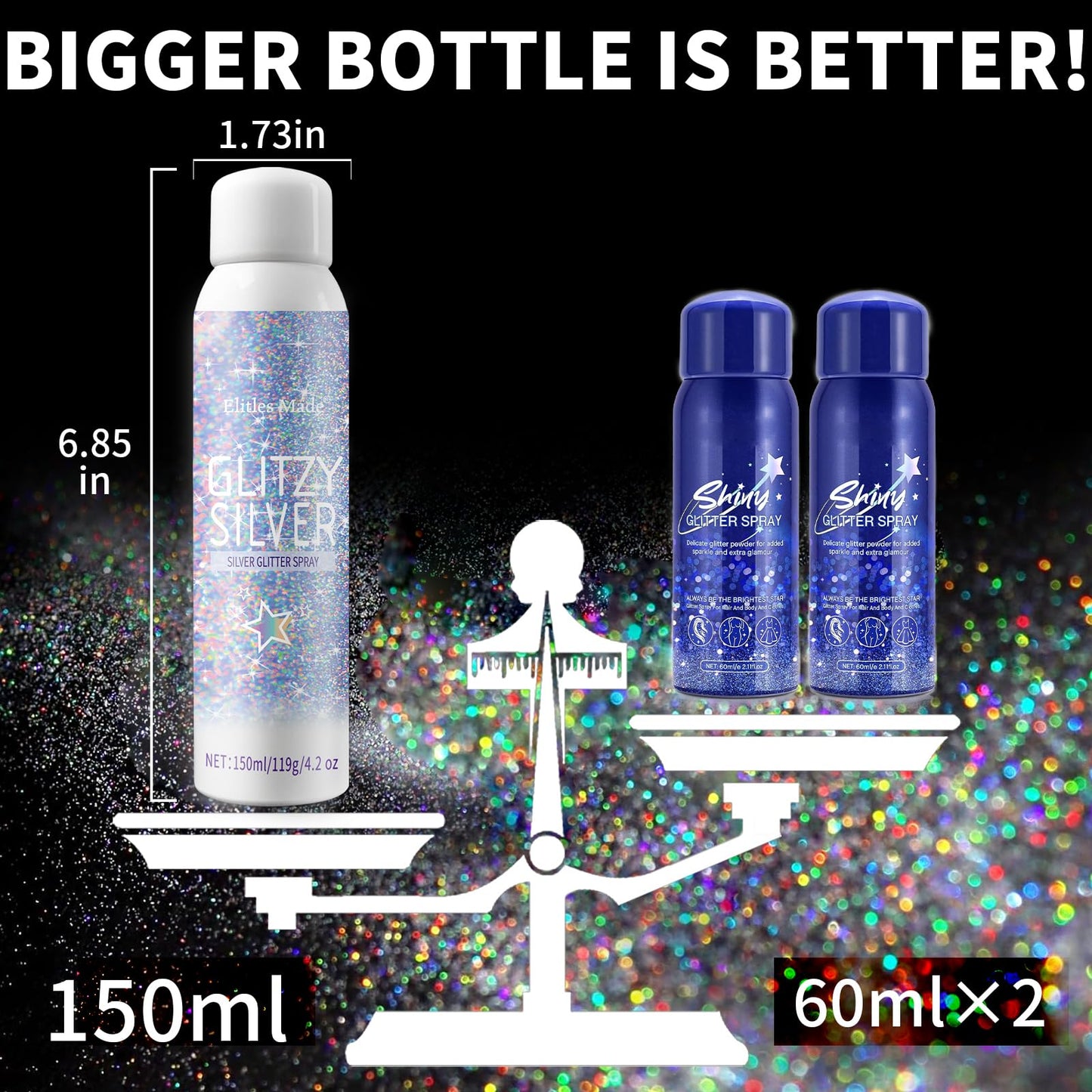 Premium imported Elitles Made glitter hairspray bottle showing instructions for use