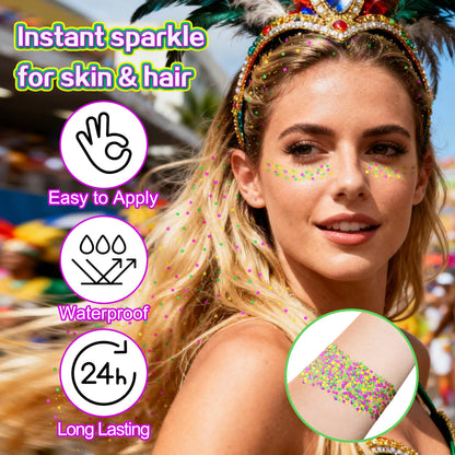 Sweat resistant cosmetic glitter stick for face and body use.