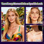 Model showing face and hair application of MEICOLY festival glitter makeup