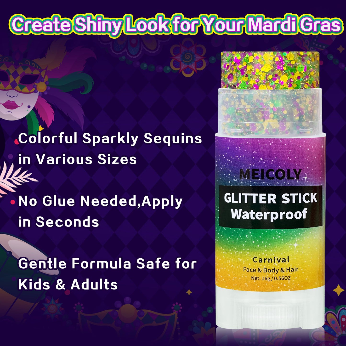 Compact travel ready packaging of the waterproof sparkle stick.