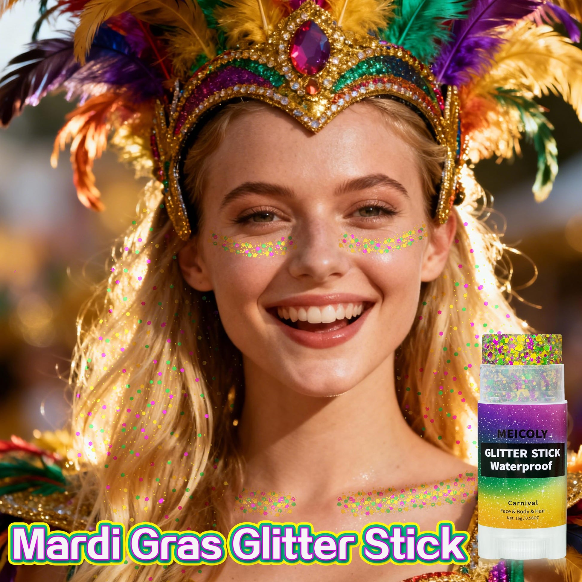 Mess free self adhesive face and body glitter for concert raves.