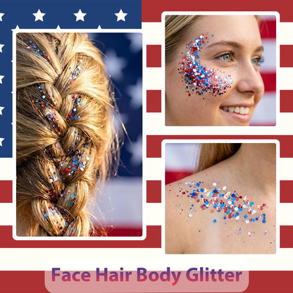 Model showing patriotic star glitter applied to cheekbones and hair roots