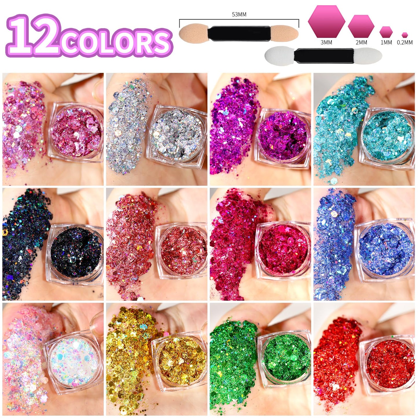 Holographic multi-color cosmetic glitter gel jars opened to reveal iridescent hexagonal pigments.