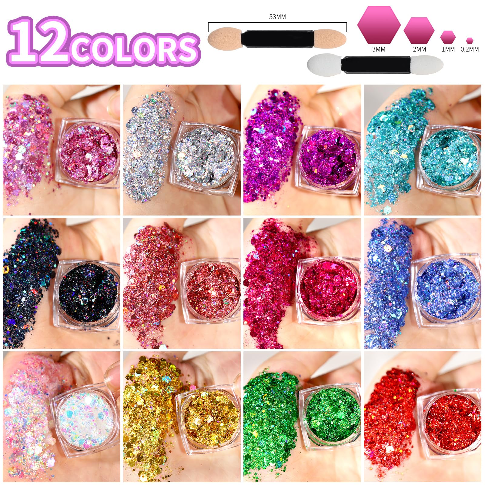 Holographic multi-color cosmetic glitter gel jars opened to reveal iridescent hexagonal pigments.