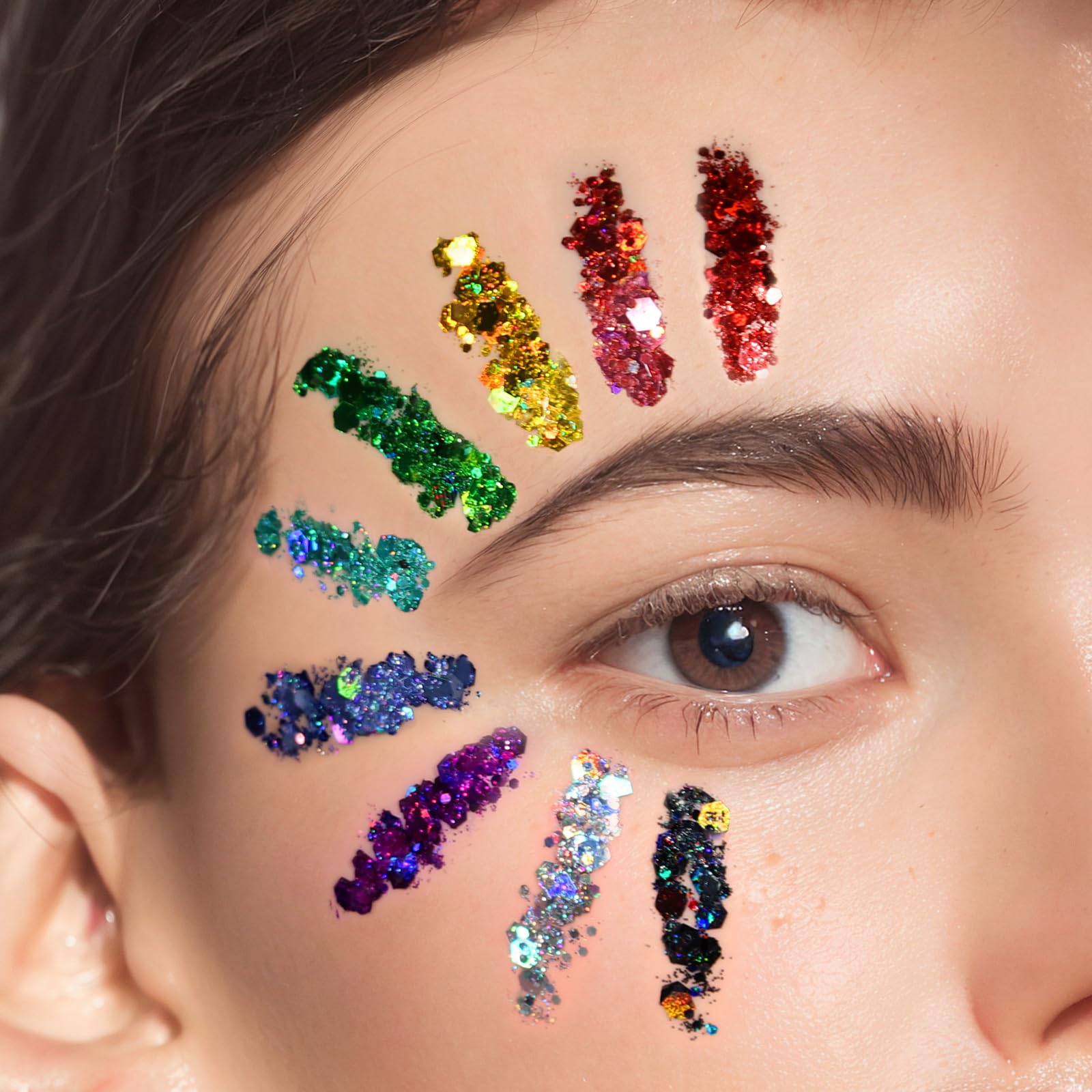 Thick self-adhesive festival body glitter gel being applied smoothly with a cosmetic spatula.