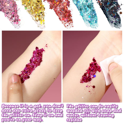 Vibrant assortment of long-lasting celebratory face and hair cosmetic glitters in secure containers.