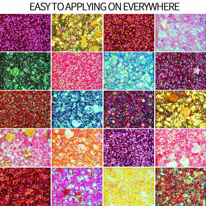 Multi purpose festival makeup palette displaying light transparent shimmers and dark high pigment glitter colors side by side.