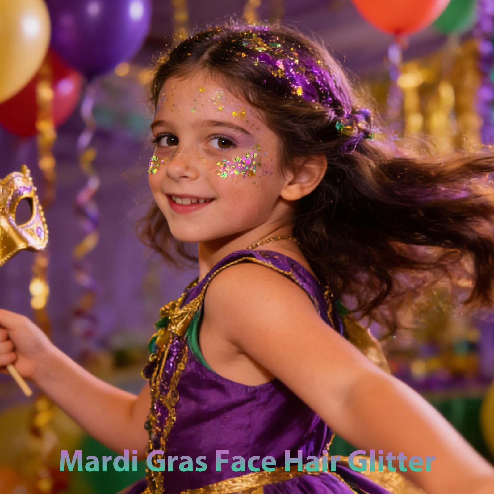 Mysense Mardi Gras glitter stick swatched on skin demonstrating the high-impact multi-colored festival shimmer.
