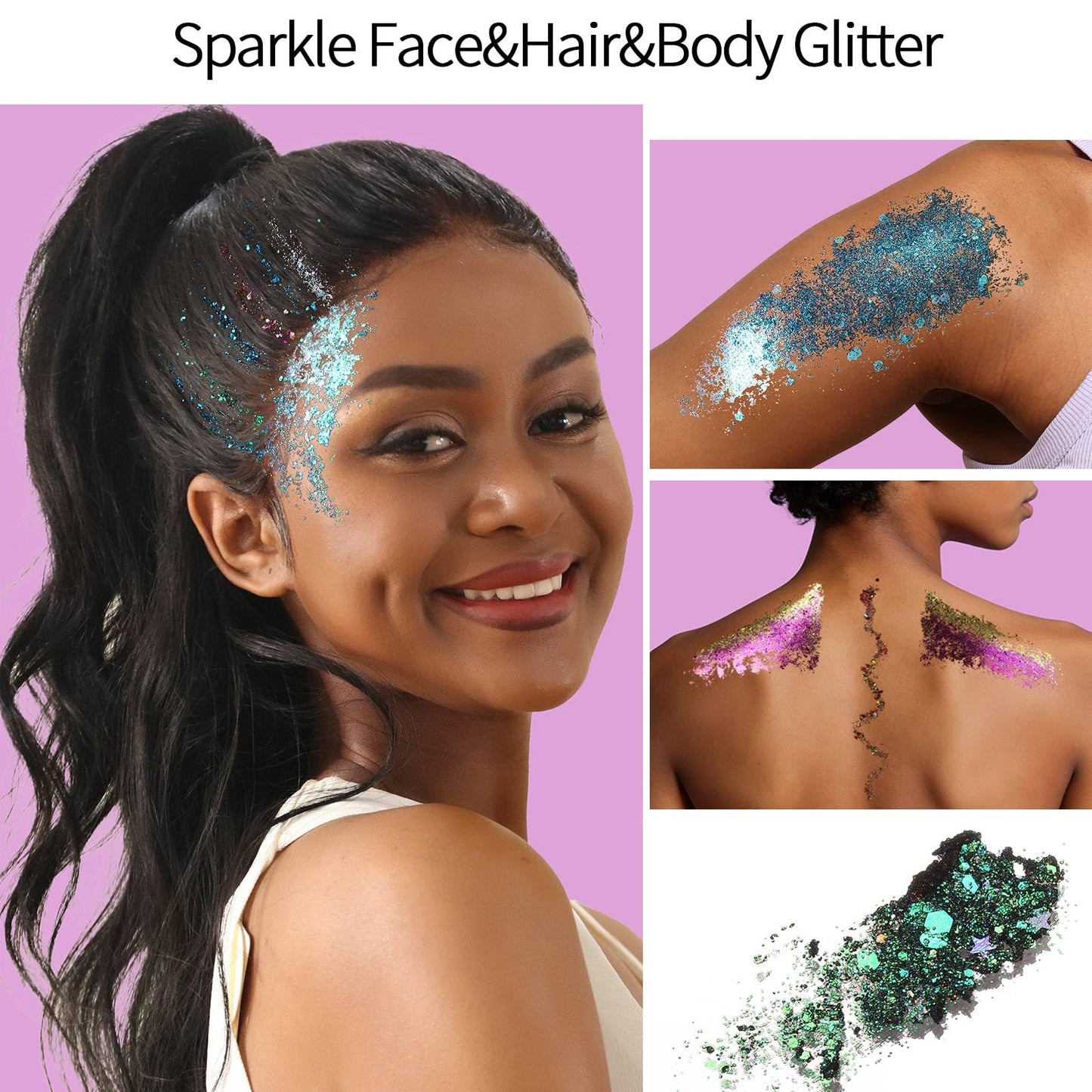 Packaging texture visual demonstrating the smudge proof and quick drying properties of the no glue glitter base.