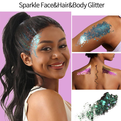 Packaging texture visual demonstrating the smudge proof and quick drying properties of the no glue glitter base.