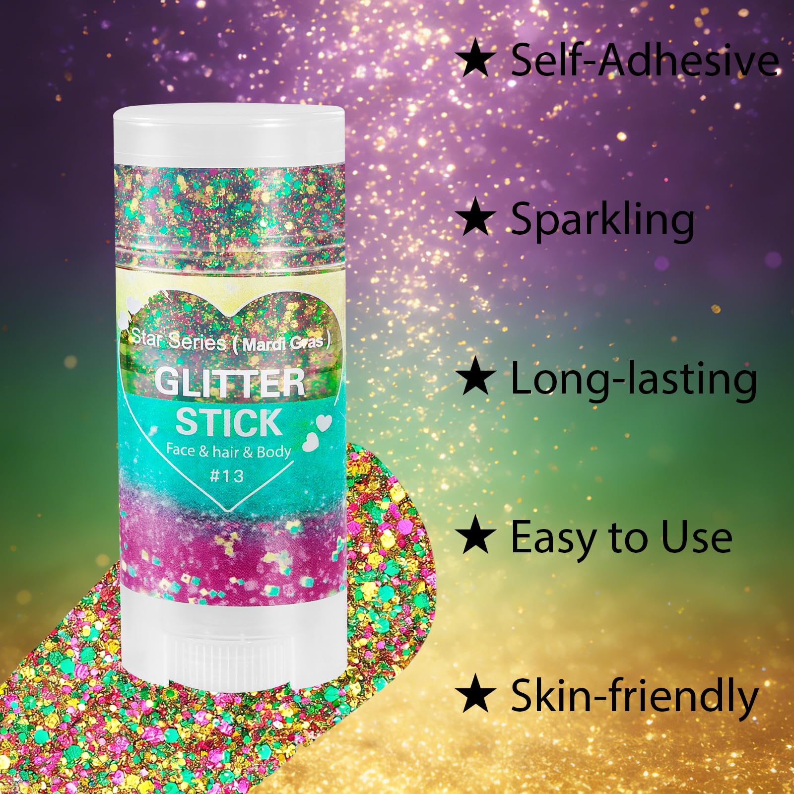 Model showcasing Mysense chunky body glitter stick applied as hair roots glitter for a music festival outfit.