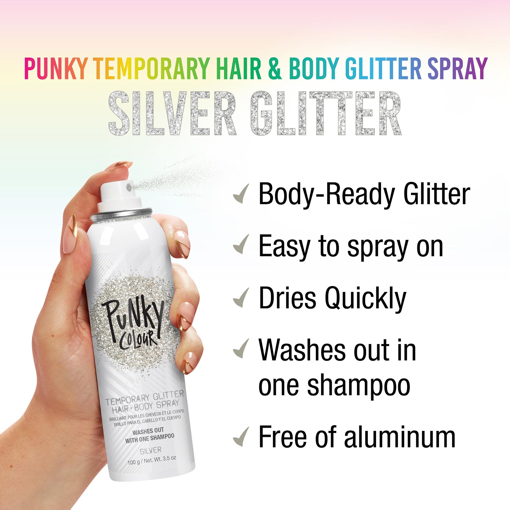 Silver metallic temporary glitter spray canister for hair skin and clothes