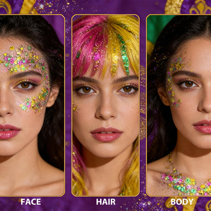 Mysense Mardi Gras multi-use glitter gel stick applied as a dramatic cheekbone highlight for party makeup.