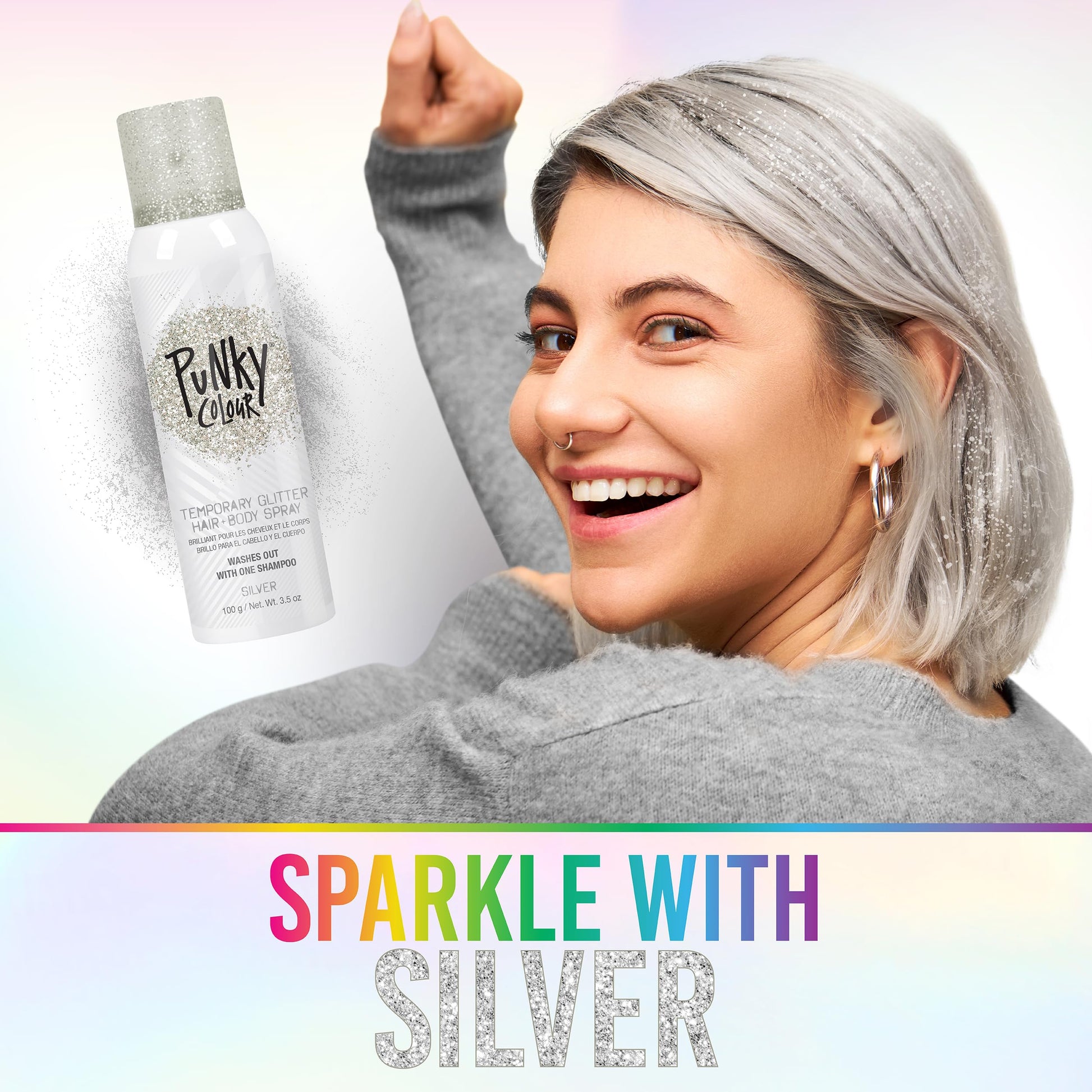 Jerome Russell silver glitter hairspray for party and festival makeup looks