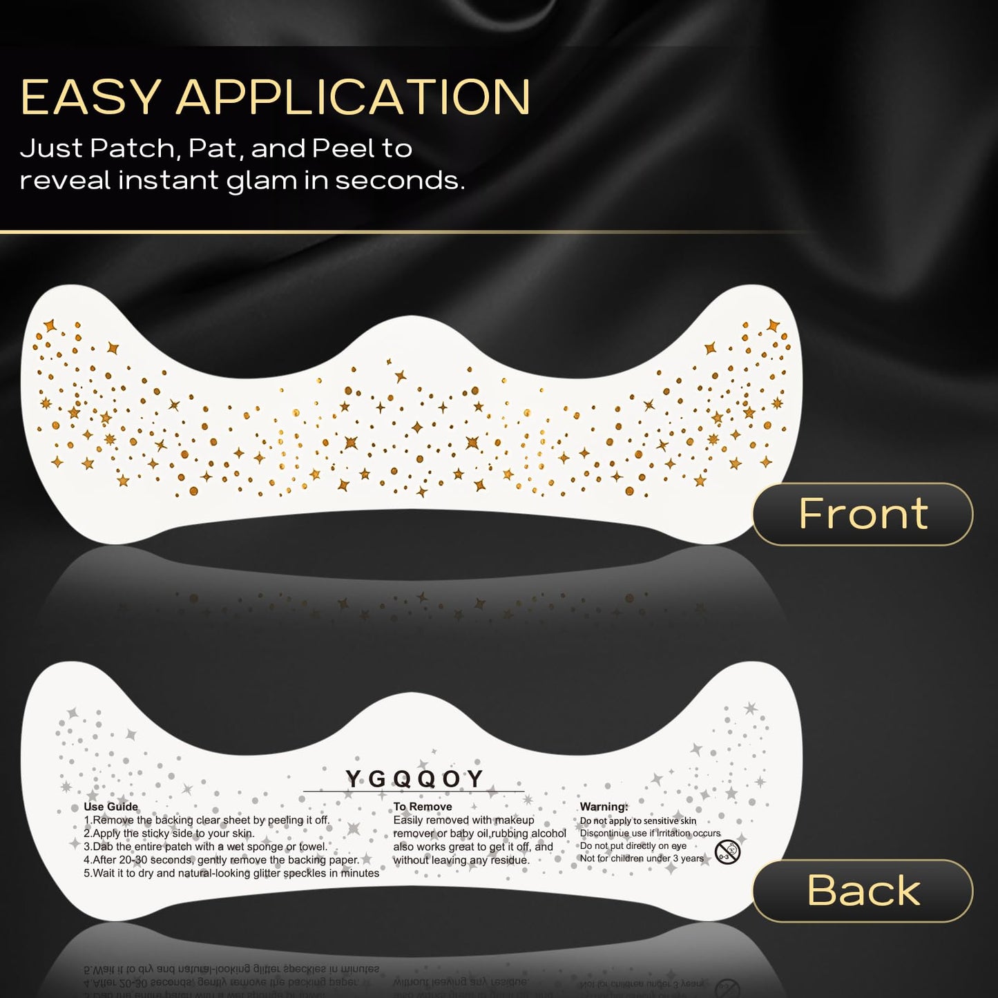Model wearing gold sparkle freckles for face with metallic star and moon temporary tattoo design.