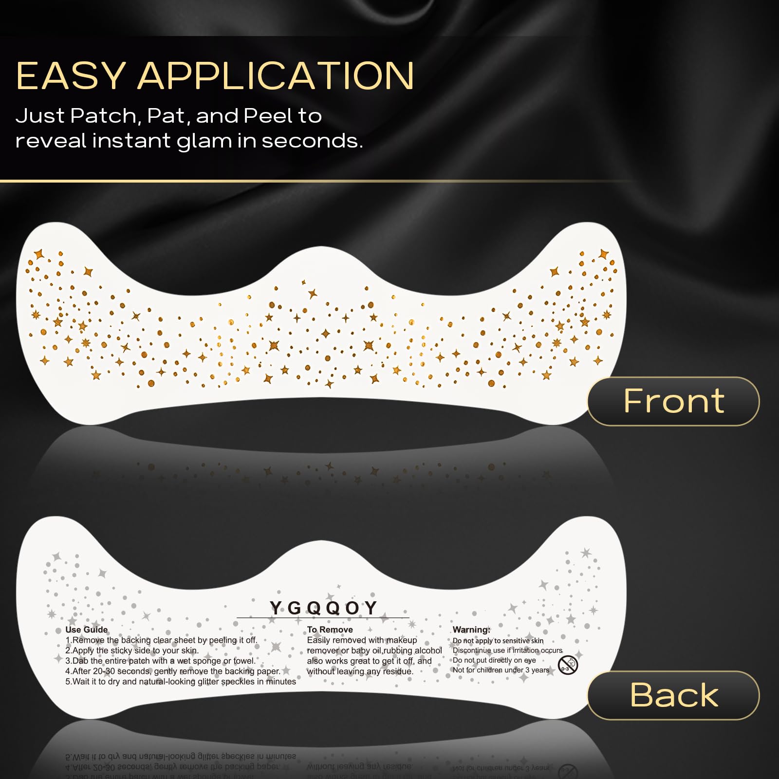 Model wearing gold sparkle freckles for face with metallic star and moon temporary tattoo design.