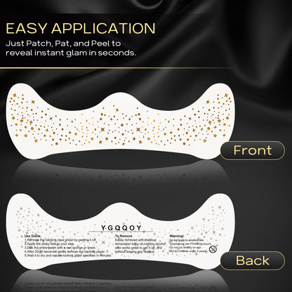 Model wearing gold sparkle freckles for face with metallic star and moon temporary tattoo design.
