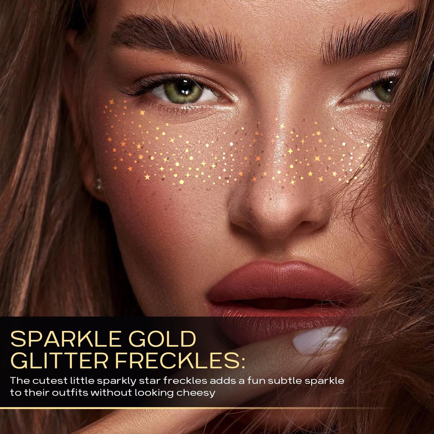 Close up of waterproof faux freckles sparkle makeup patches showing the detailed gold metallic dots.
