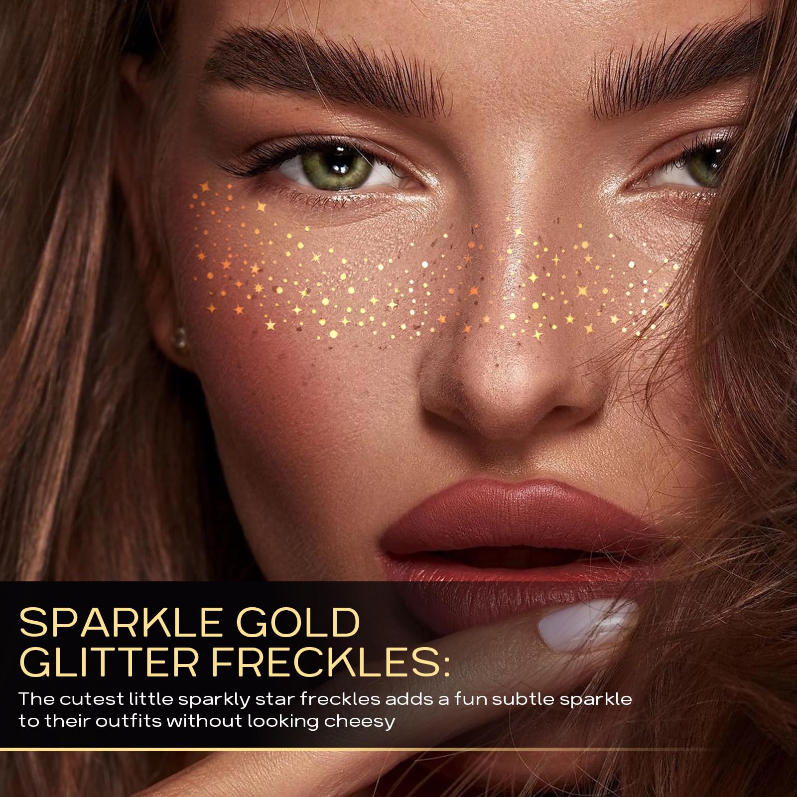 Close up of waterproof faux freckles sparkle makeup patches showing the detailed gold metallic dots.