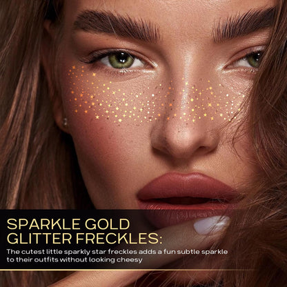 Close up of waterproof faux freckles sparkle makeup patches showing the detailed gold metallic dots.