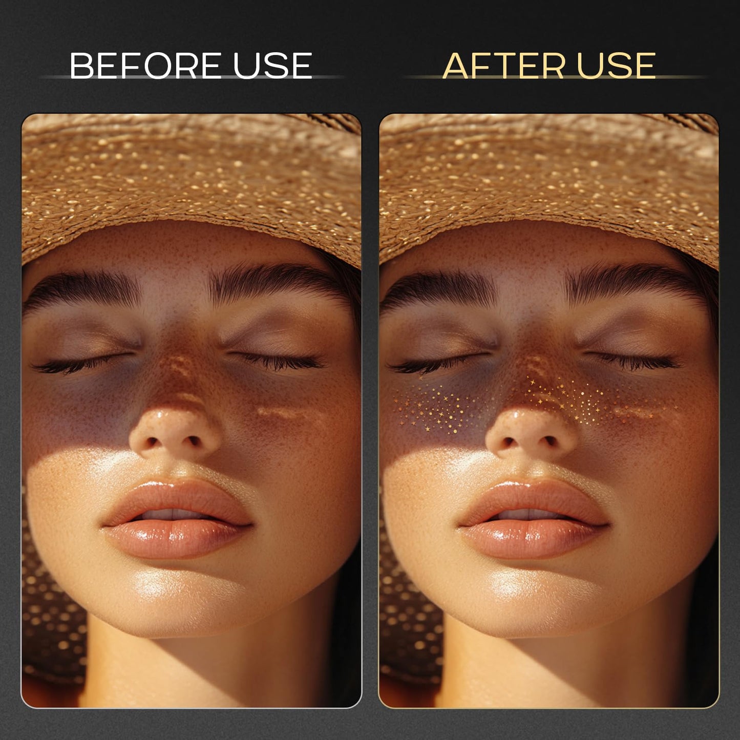 Application process of face glitter makeup patches using a damp cloth on the cheekbones.