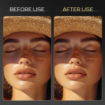 Application process of face glitter makeup patches using a damp cloth on the cheekbones.