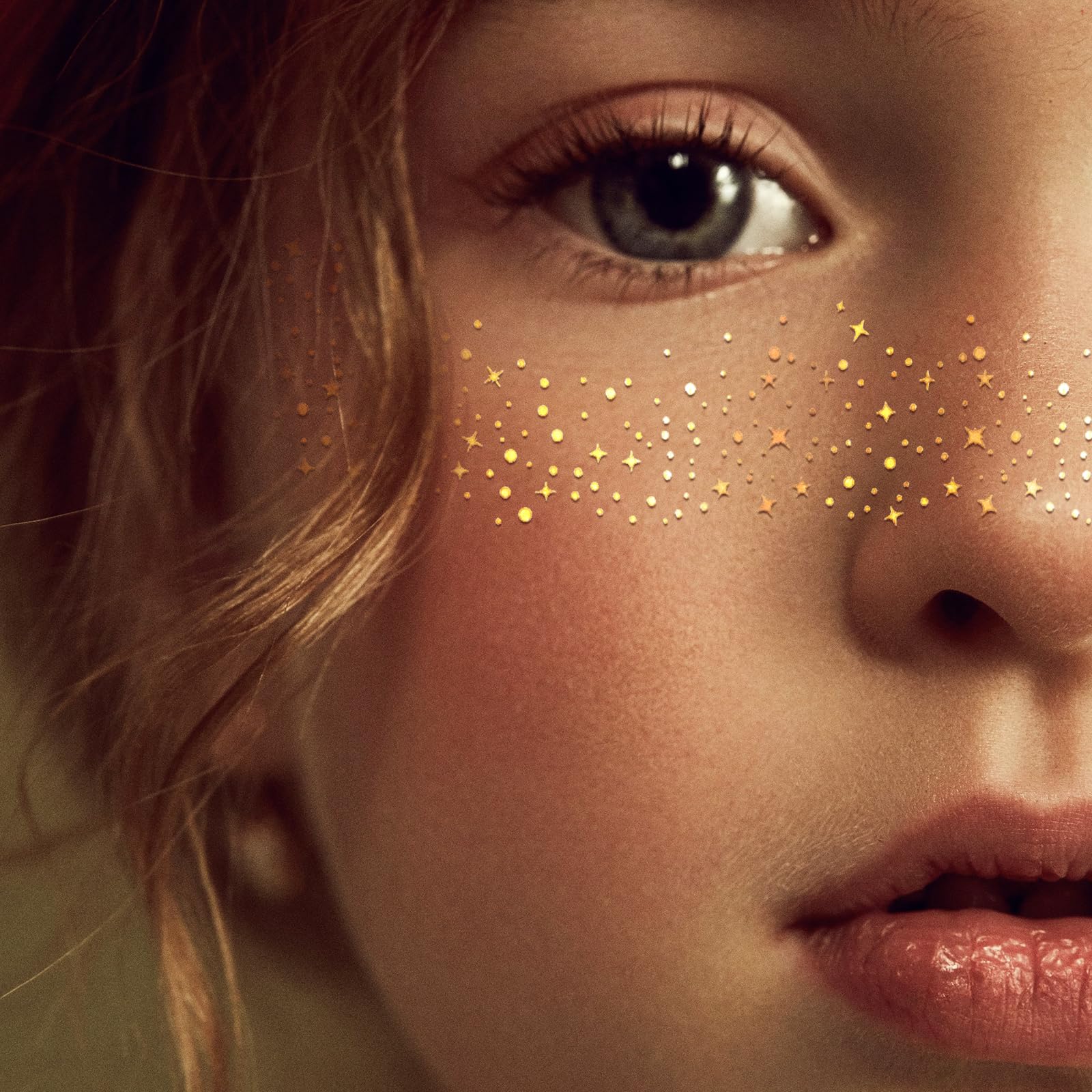 Generic metallic golden freckles face stickers layout displaying different sheet patterns and shapes.